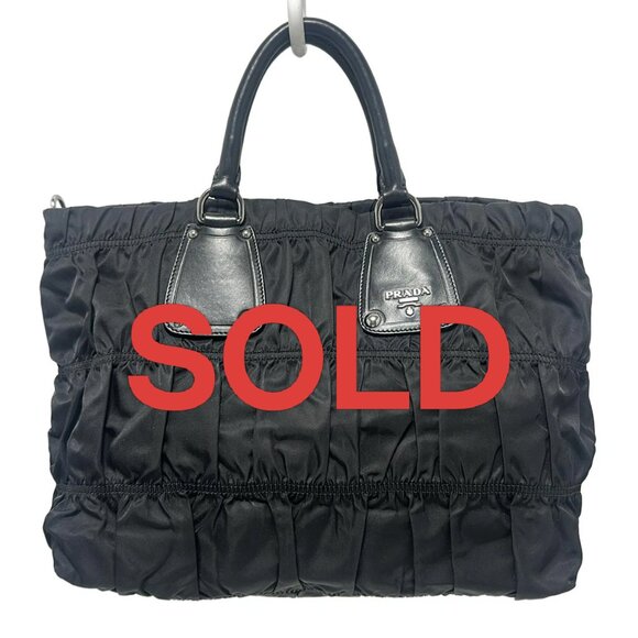 Prada Handbags - PRADA Gathered Bag - Black Nylon Leather Tote Bag 431-052125